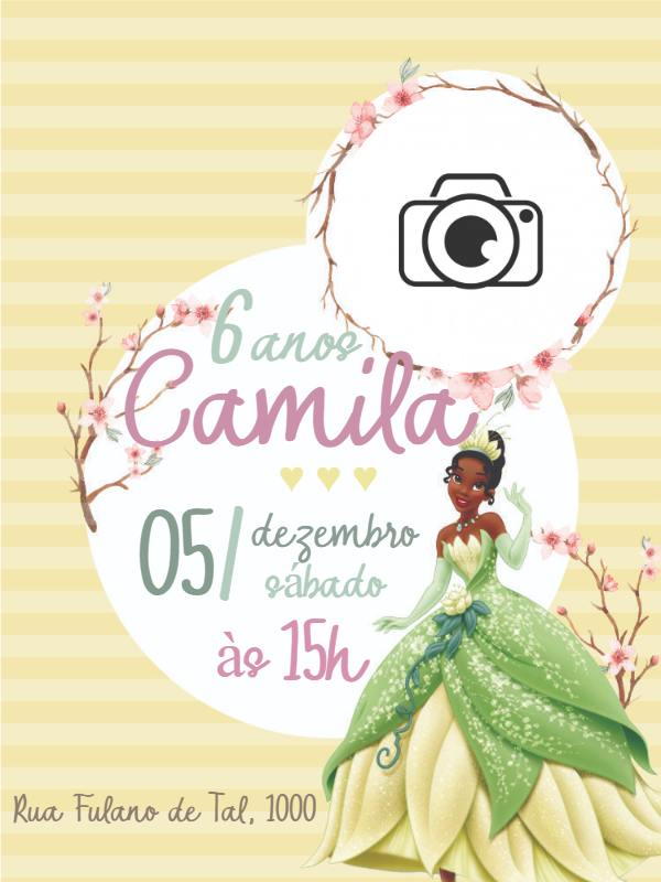 Convite Aniversário Princesa Tiana com Foto para Editar Online Convite Aniversário Princesa Tiana com Foto para Editar Online
