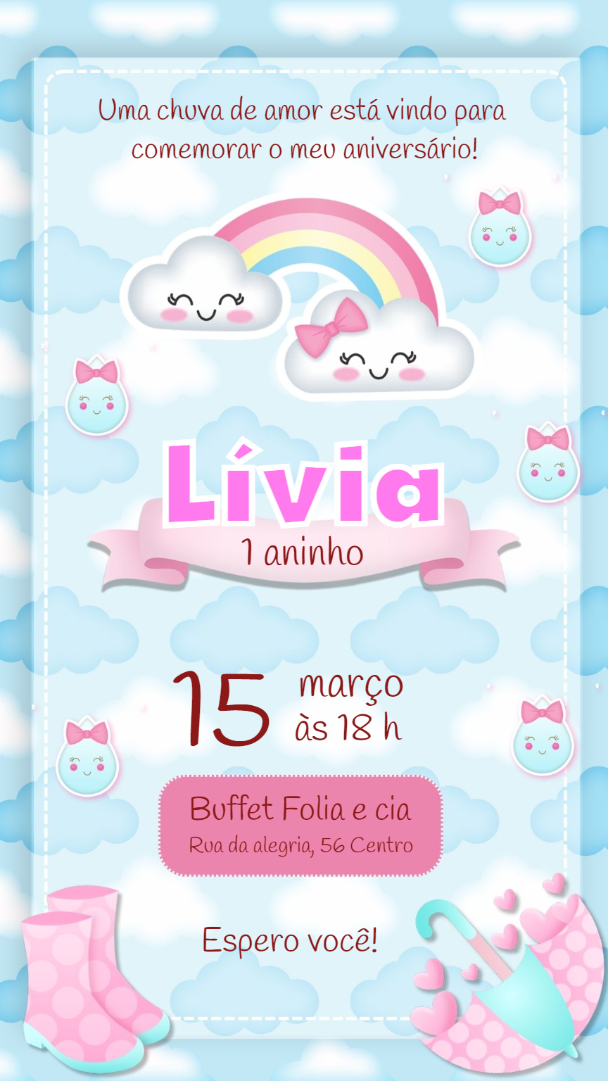 Convite Aniversário Chuva de Amor com Arco-íris para Editar Convite Aniversário Chuva de Amor com Arco-íris para Editar