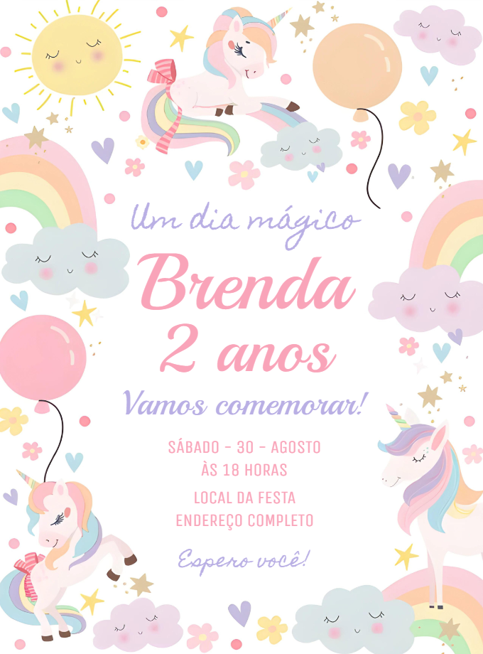 Convite de Aniversário Unicórnio Mágico para Editar Online Convite de Aniversário Unicórnio Mágico para Editar Online