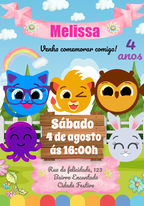 Convite de Aniversário Bolofofos Menina para Editar Online Convite de Aniversário Bolofofos Menina para Editar Online