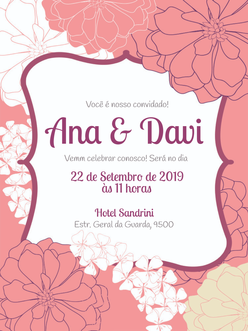 Convite de Casamento Floral Rosa para Editar Online