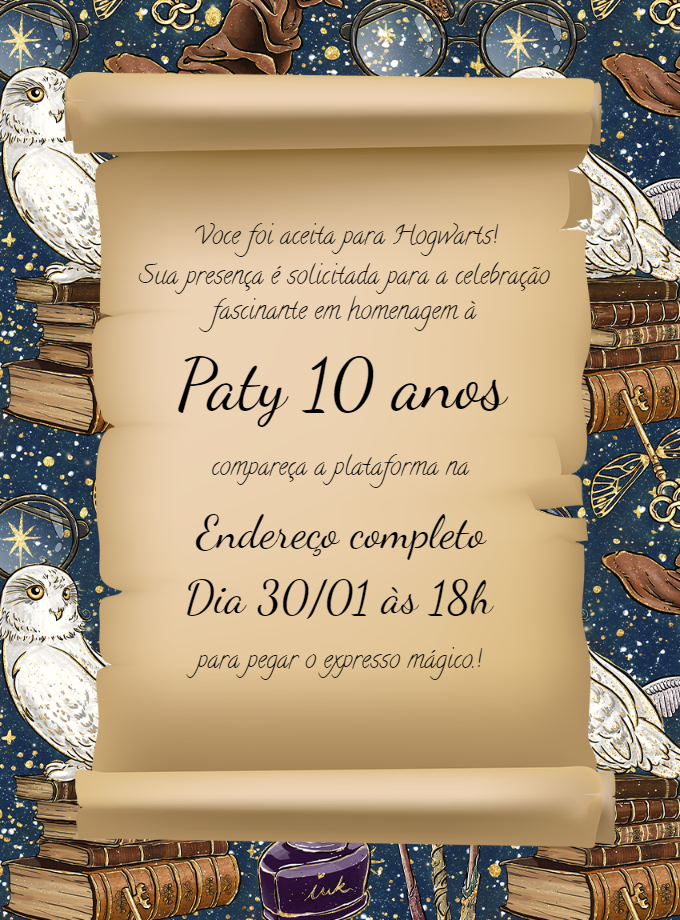 Convite Aniversário Harry Potter Carta Hogwarts para Editar Convite Aniversário Harry Potter Carta Hogwarts para Editar