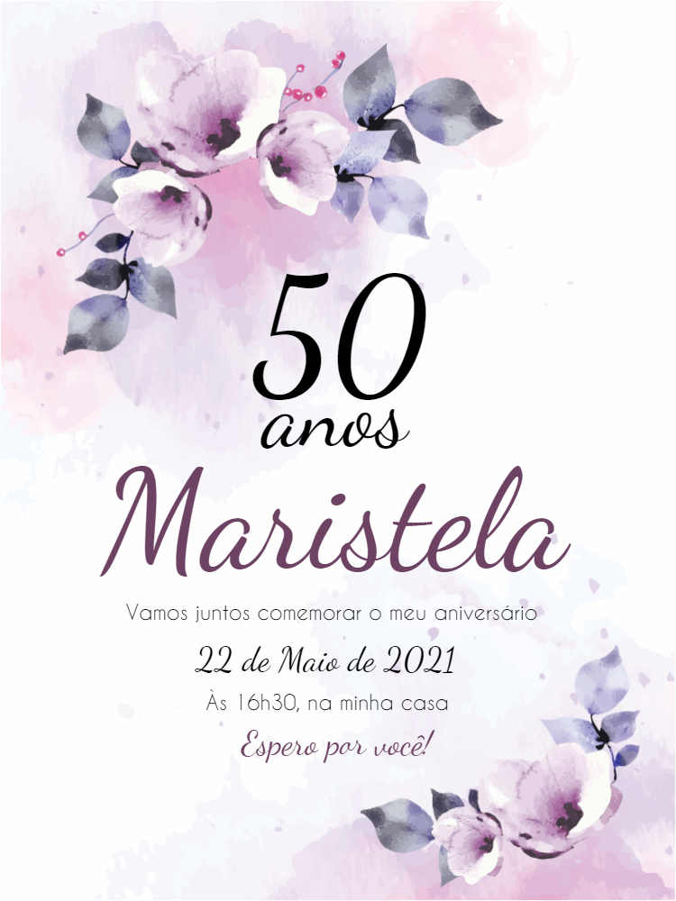 Convite de 50 Anos Floral Lilás para Editar e Imprimir Convite de 50 Anos Floral Lilás para Editar e Imprimir