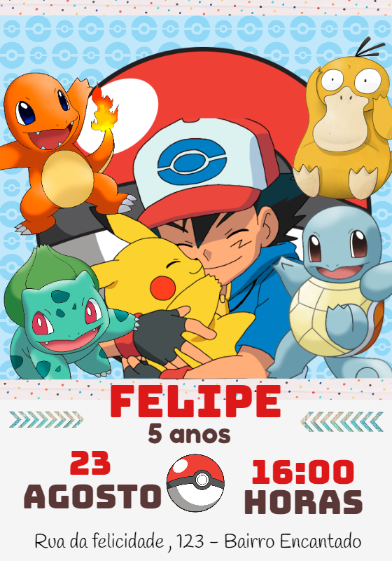 Convite de Aniversário Pokémon com Ash e Amigos para Editar Convite de Aniversário Pokémon com Ash e Amigos para Editar