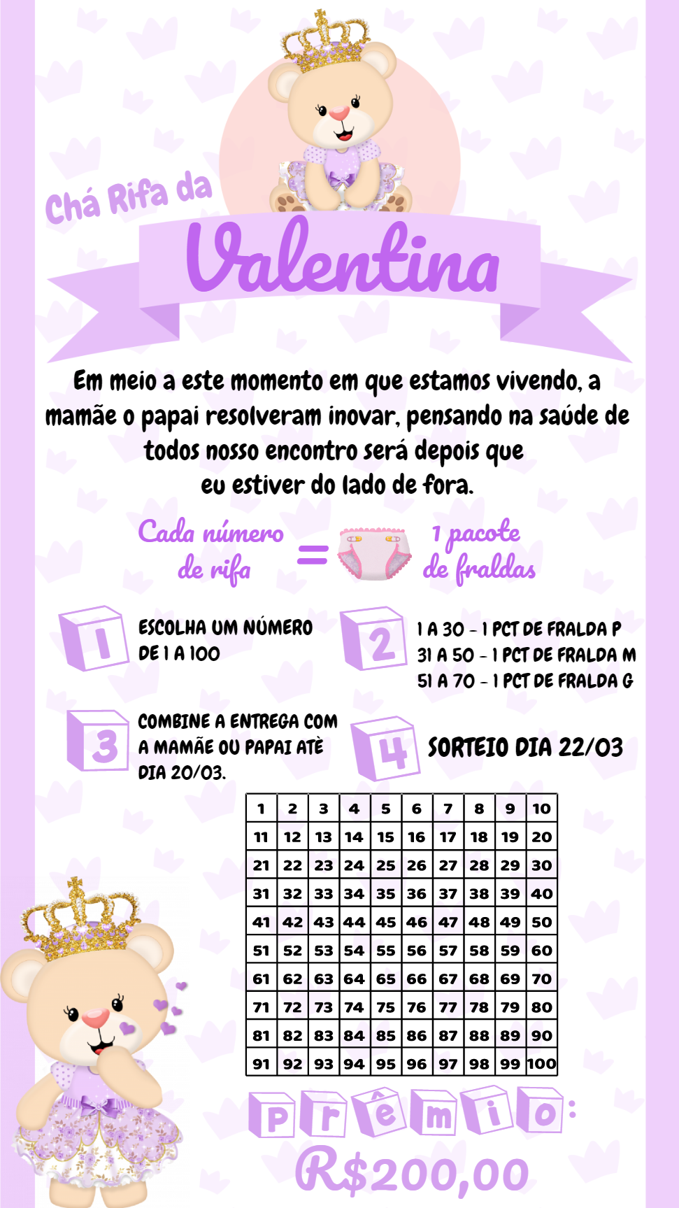 Convite Chá Rifa Ursinha Princesa para Editar Online Convite Chá Rifa Ursinha Princesa para Editar Online