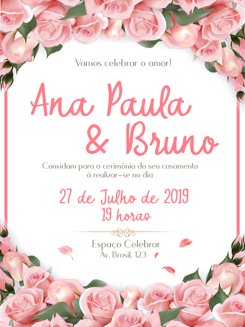 Convite de Casamento Floral Rosa Romântico para Editar Online Convite de Casamento Floral Rosa Romântico para Editar Online