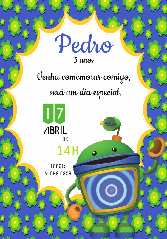 Convite Aniversário Umizoomi Bot para Editar Online Convite Aniversário Umizoomi Bot para Editar Online