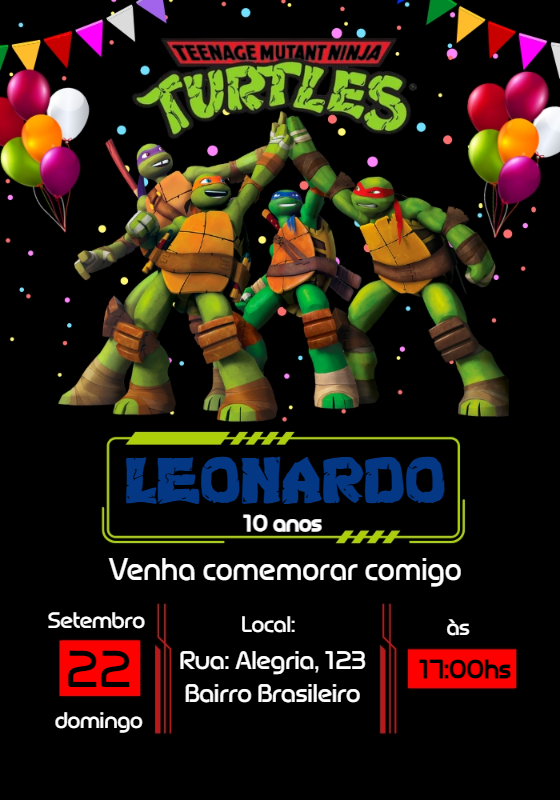 Convite de Aniversário Tartarugas Ninjas para Editar Online Convite de Aniversário Tartarugas Ninjas para Editar Online