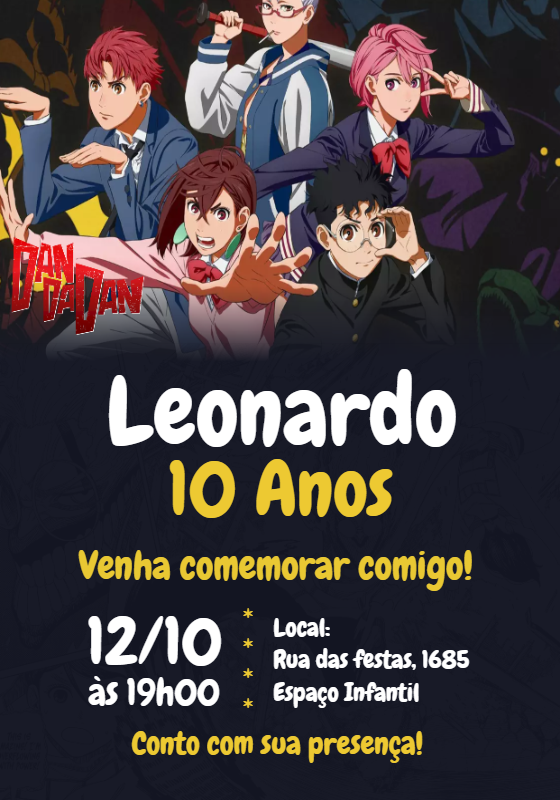 Convite de Aniversário Dandadan com Personagens para Editar Online Convite de Aniversário Dandadan com Personagens para Editar Online