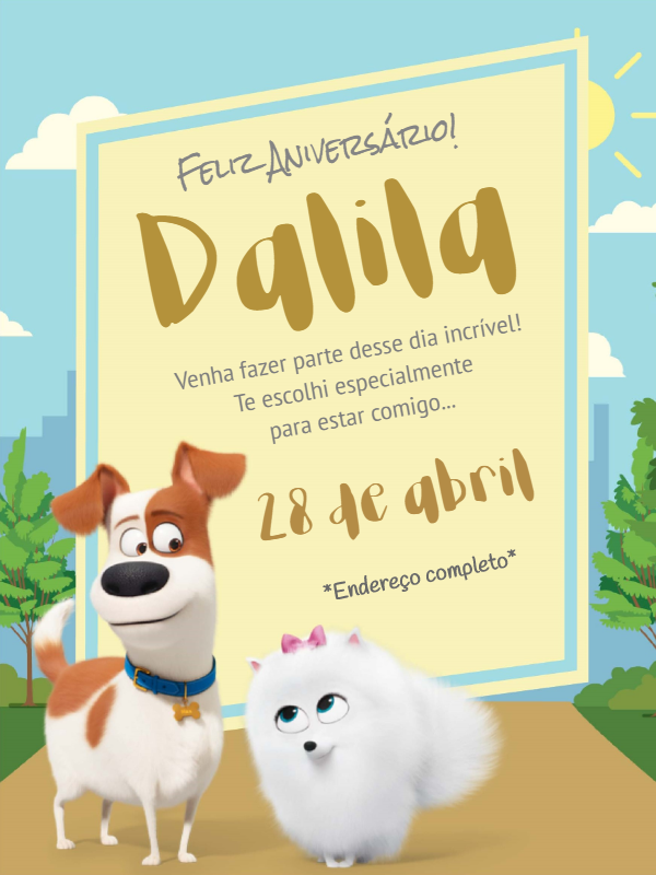 Convite de Aniversário Pets: A Vida Secreta dos Bichos para Editar Convite de Aniversário Pets: A Vida Secreta dos Bichos para Editar