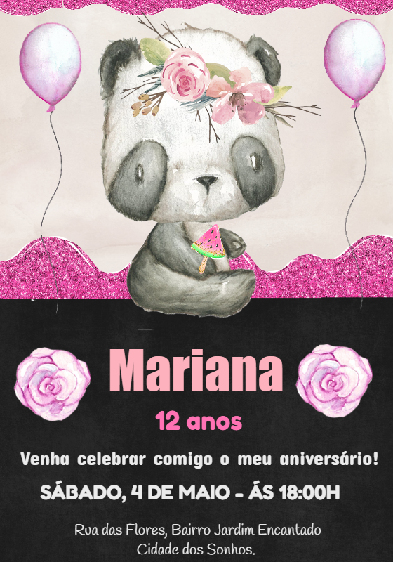 Convite de Aniversário Panda Rosa com Glitter para Editar Convite de Aniversário Panda Rosa com Glitter para Editar