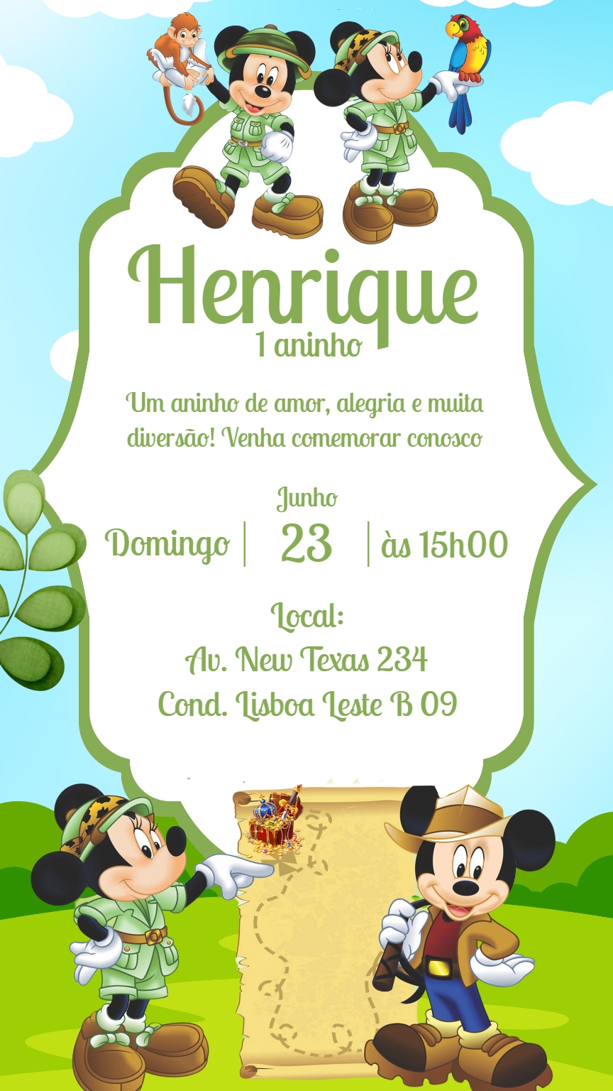 Convite Aniversário Safari do Mickey e Minnie para Editar Online Convite Aniversário Safari do Mickey e Minnie para Editar Online
