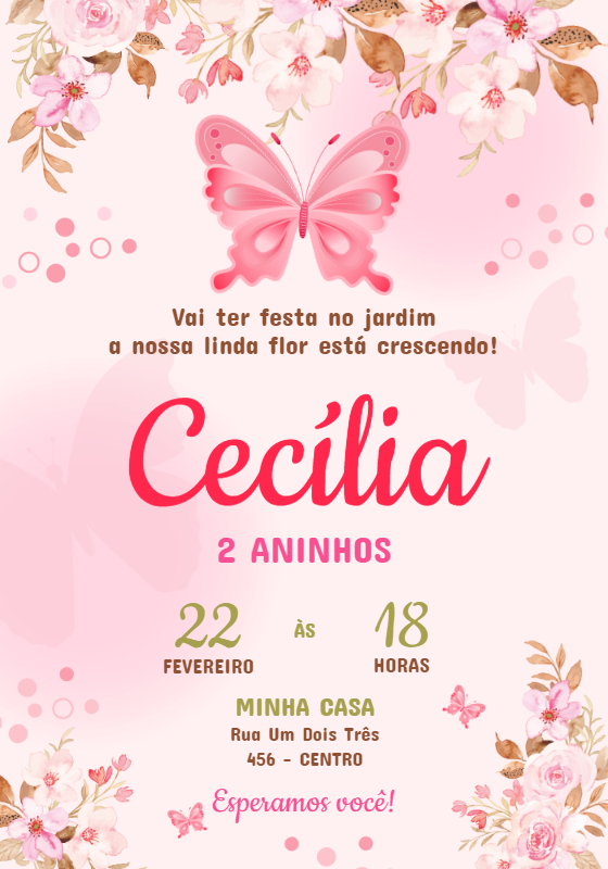 Convite Aniversário Jardim Borboletas Rosa para Editar Online Convite Aniversário Jardim Borboletas Rosa para Editar Online