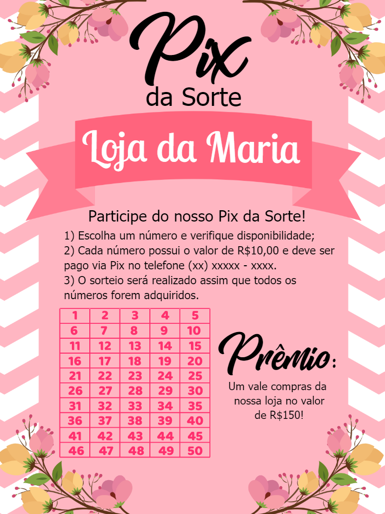 Cartela de Rifa Pix da Sorte Floral para Editar Online Cartela de Rifa Pix da Sorte Floral para Editar Online