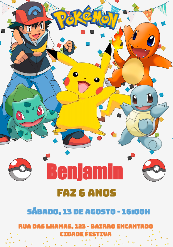 Convite de Aniversário Pokémon com Personagens para Editar Convite de Aniversário Pokémon com Personagens para Editar