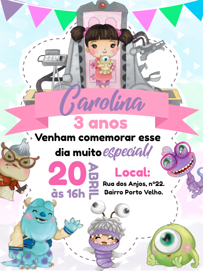 Convite Aniversário Monstros SA Aquarela para Editar Online Convite Aniversário Monstros SA Aquarela para Editar Online