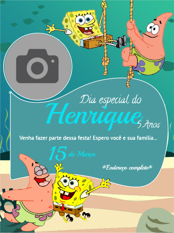 Convite Aniversário Bob Esponja com Foto para Editar Online Convite Aniversário Bob Esponja com Foto para Editar Online