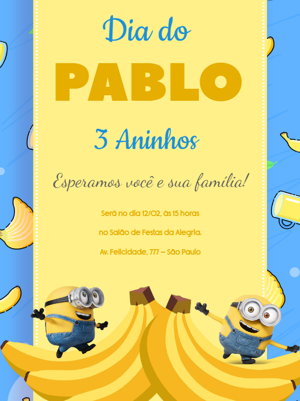 Convite de Aniversário Minions para Editar Online Convite de Aniversário Minions para Editar Online