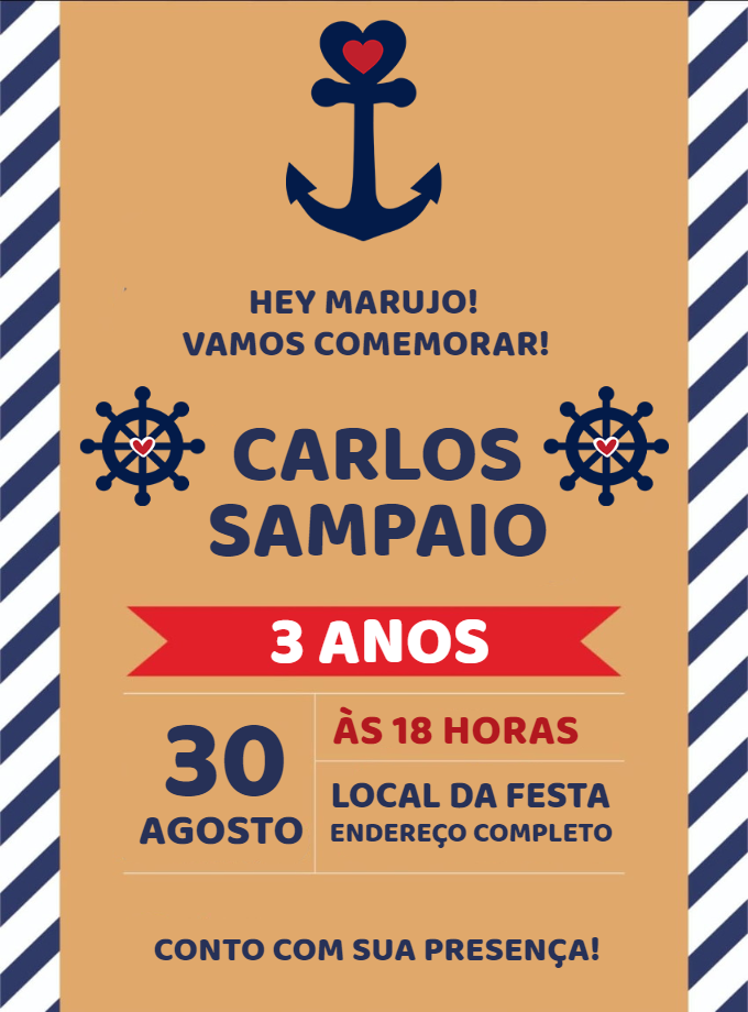 Convite de Aniversário Marinheiro Editável Online Convite de Aniversário Marinheiro Editável Online