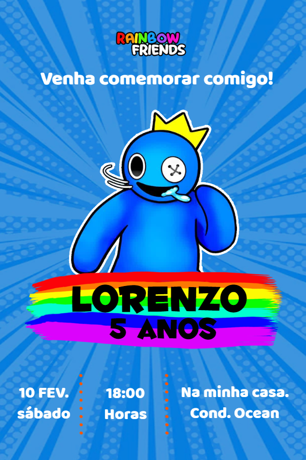 Convite Aniversário Rainbow Friends Azul para Editar Online