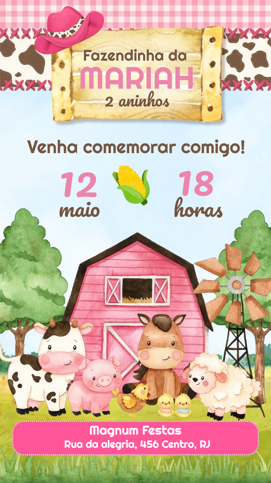 Convite de Aniversário Fazendinha Rosa para Editar Online Convite de Aniversário Fazendinha Rosa para Editar Online