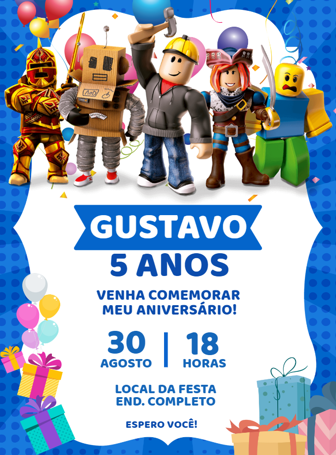 Convite de Aniversário Roblox com Personagens para Editar Online Convite de Aniversário Roblox com Personagens para Editar Online