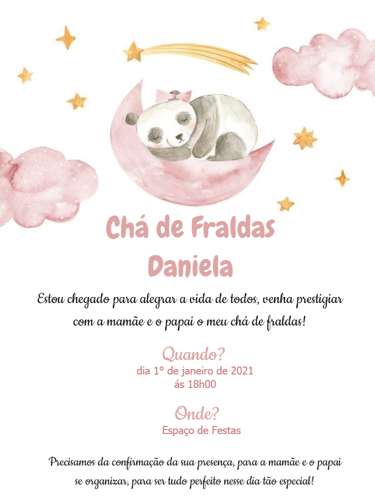 Convite Chá de Fraldas Ursinha Panda na Lua para Editar Online Convite Chá de Fraldas Ursinha Panda na Lua para Editar Online