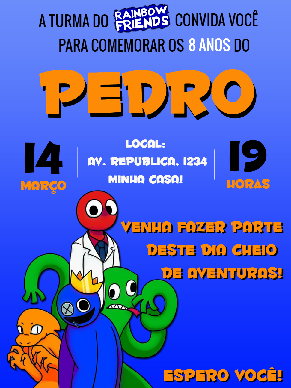 Convite Aniversário Rainbow Friends com Personagens para Editar Convite Aniversário Rainbow Friends com Personagens para Editar