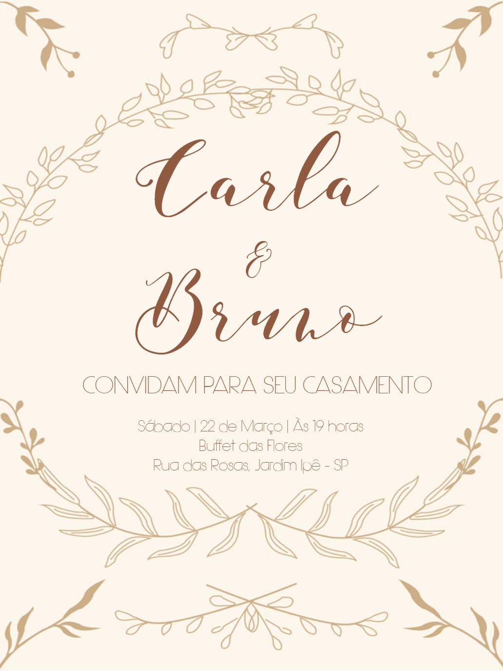 Convite de Casamento Boho Chic com Folhas para Editar Online