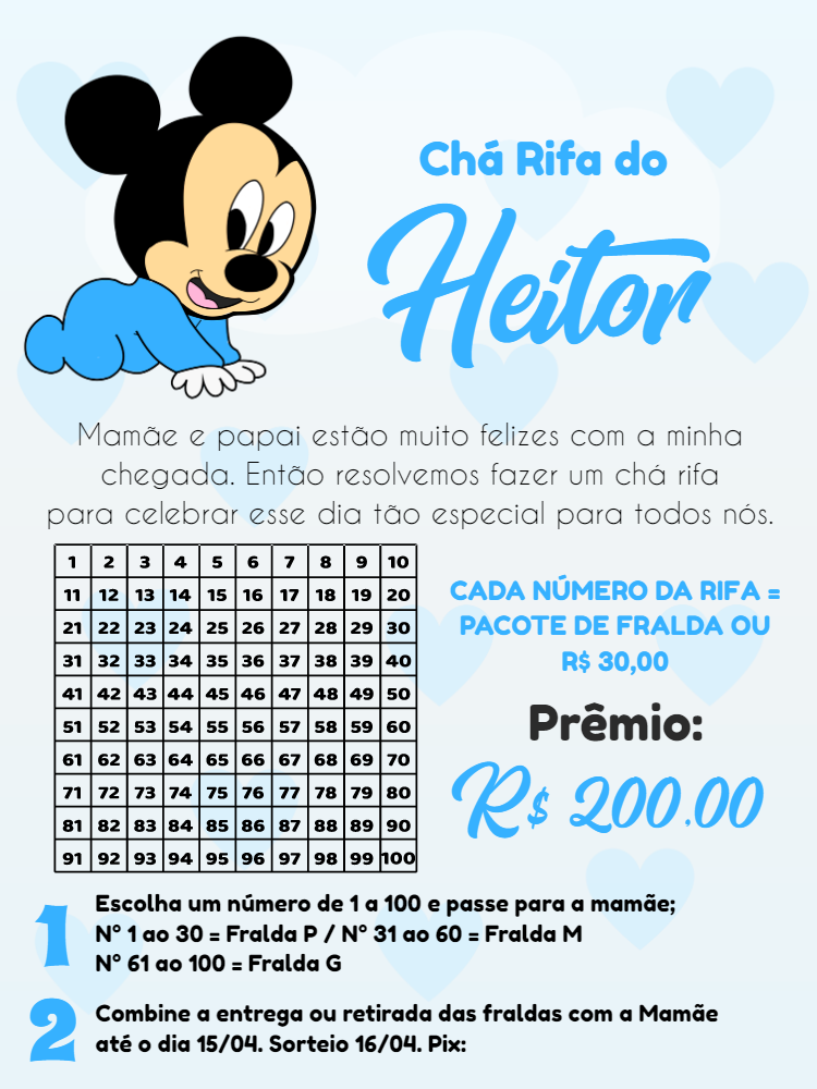 Chá Rifa Mickey Baby com Cartela de Números para Editar Online