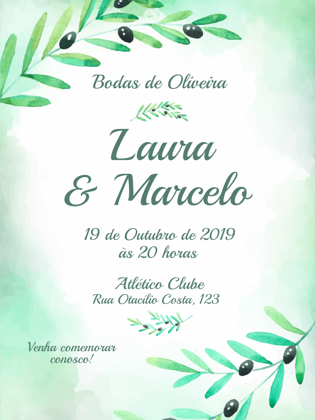 Convite Bodas de Oliveira Aquarela para Editar Online Convite Bodas de Oliveira Aquarela para Editar Online