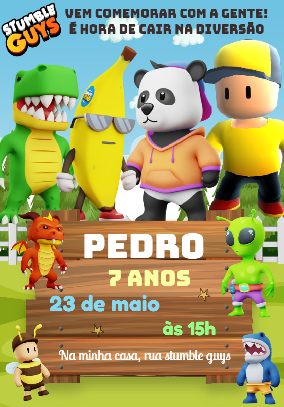 Convite de Aniversário Stumble Guys com Personagens para Editar Convite de Aniversário Stumble Guys com Personagens para Editar