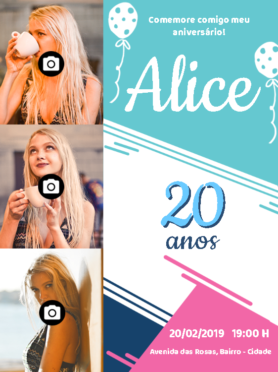 Convite de Aniversário com 3 Fotos Moderno para Editar Online