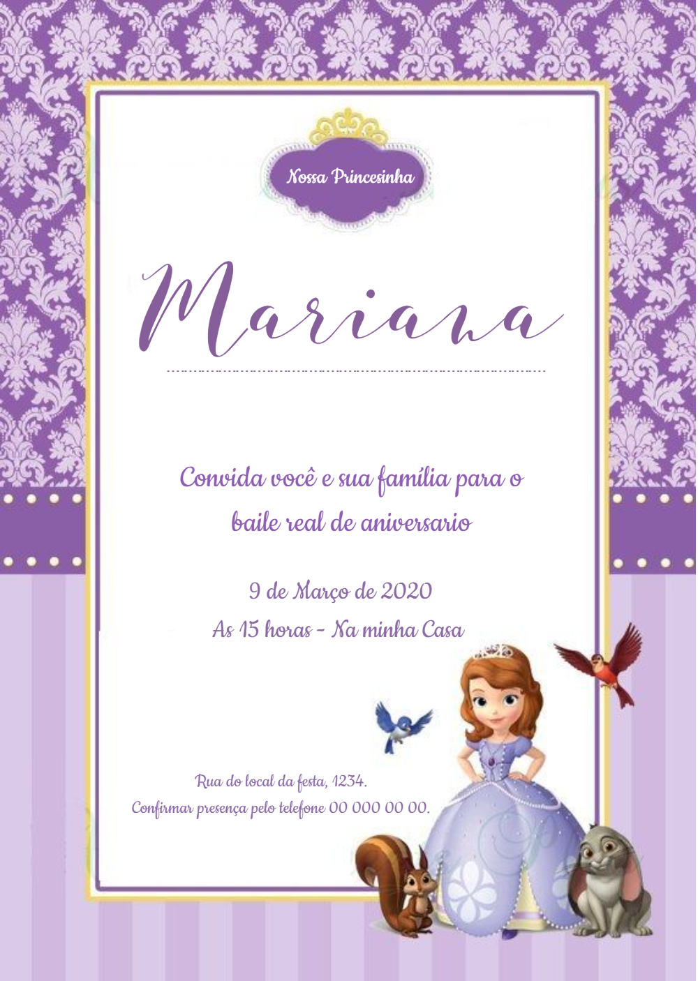 Convite de Aniversário Princesa Sofia para Editar Online Convite de Aniversário Princesa Sofia para Editar Online