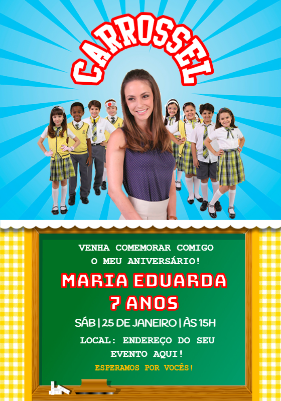 Convite de Aniversário Carrossel com Personagens para Editar Convite de Aniversário Carrossel com Personagens para Editar