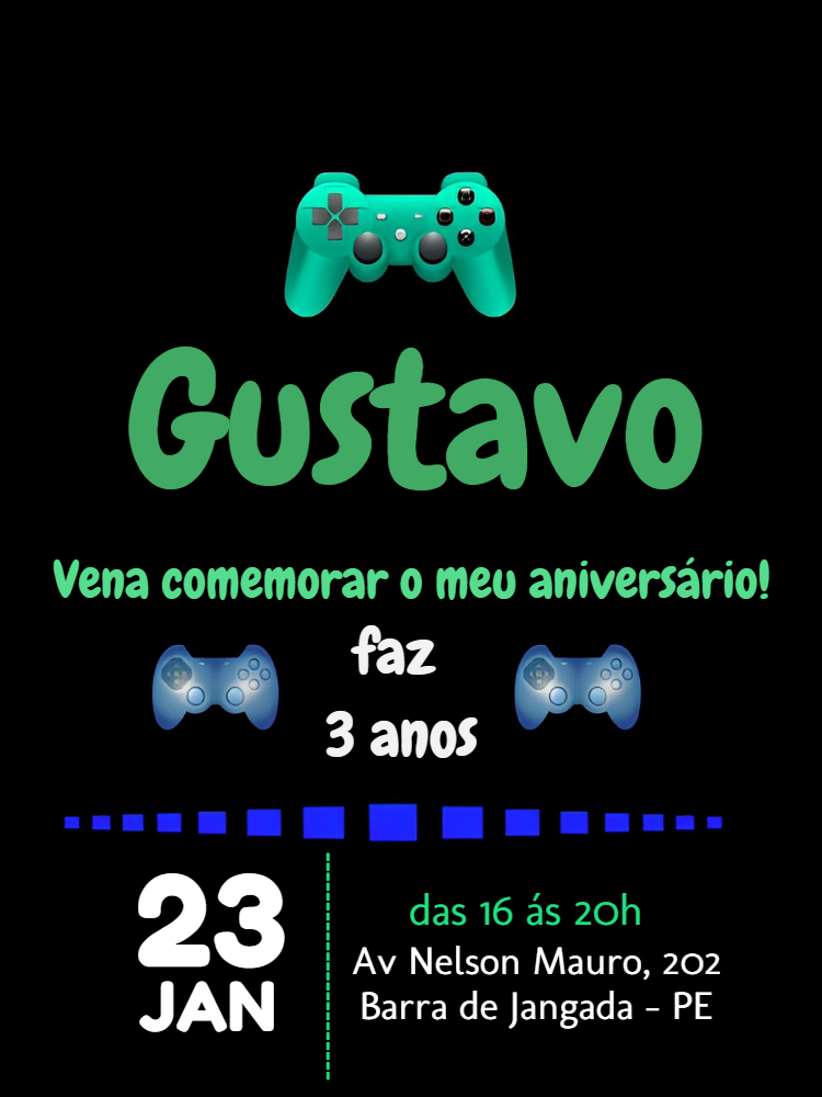 Convite de Aniversário Gamer com Controle para Editar Online Convite de Aniversário Gamer com Controle para Editar Online