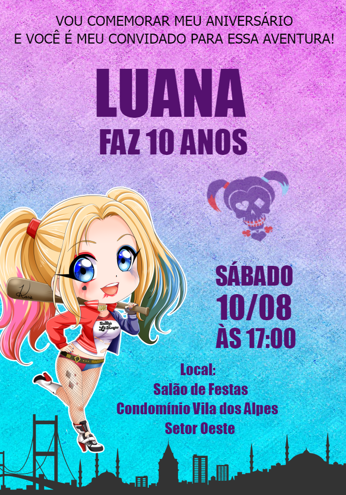 Convite de Aniversário Arlequina para Editar e Enviar Online Convite de Aniversário Arlequina para Editar e Enviar Online