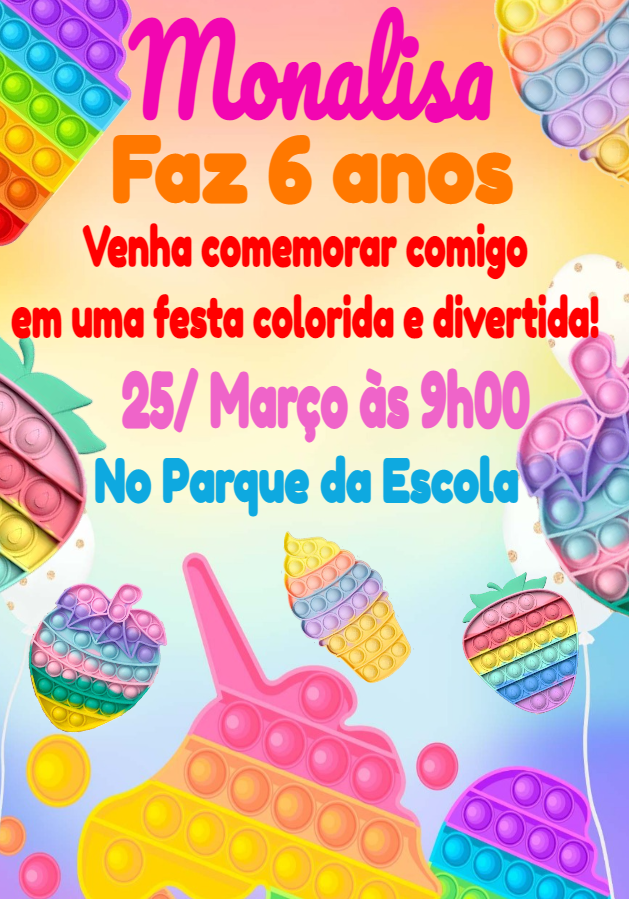 Convite de Aniversário Pop It Colorido para Editar Online Convite de Aniversário Pop It Colorido para Editar Online