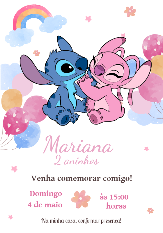 Convite de Aniversário Stitch e Angel para Editar Online Convite de Aniversário Stitch e Angel para Editar Online