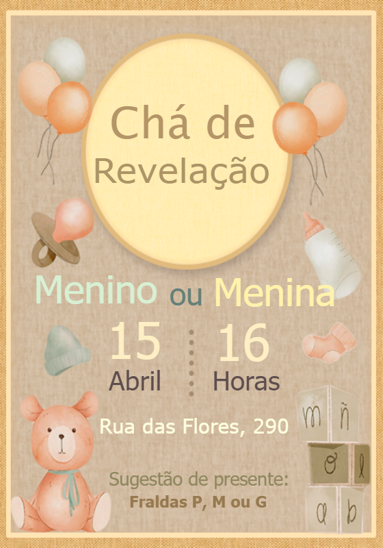 Convite Chá de Revelação Ursinho para Editar Online Convite Chá de Revelação Ursinho para Editar Online