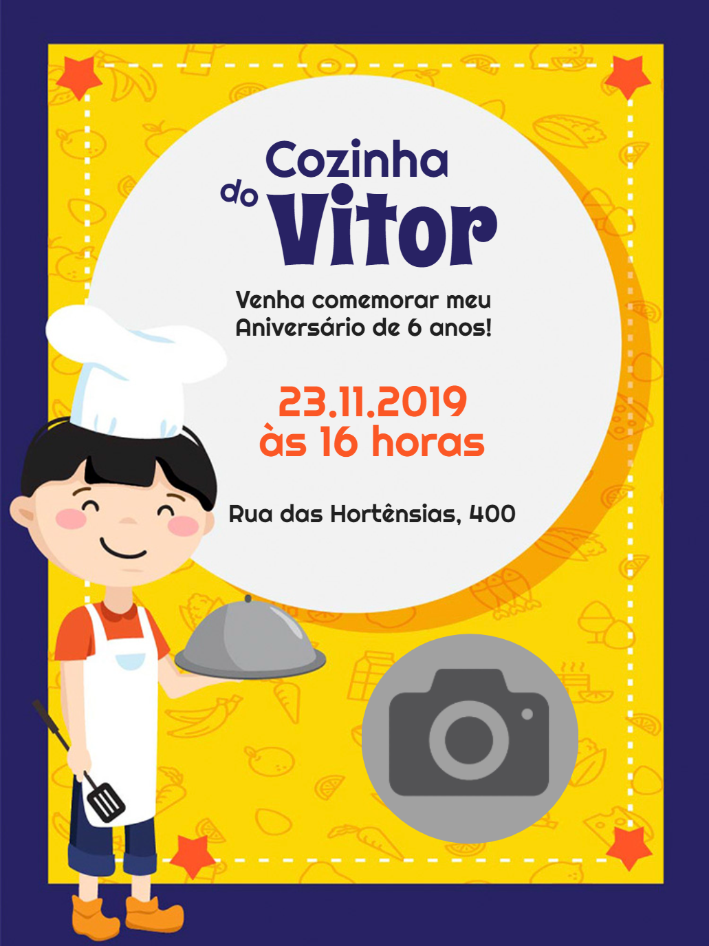 Convite Aniversário Cozinheiro com Foto para Editar Online