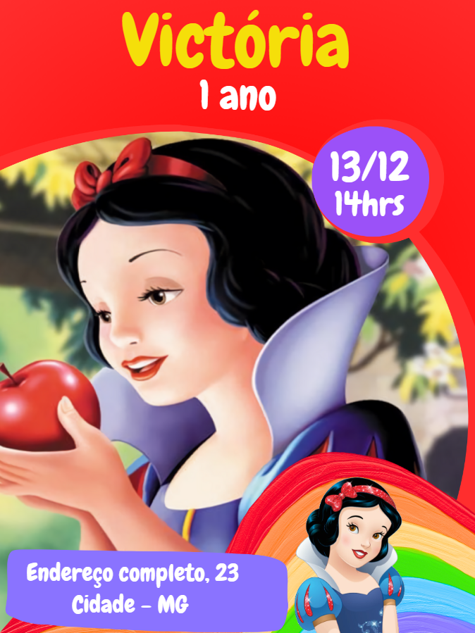 Convite de Aniversário Branca de Neve para Editar Online Convite de Aniversário Branca de Neve para Editar Online