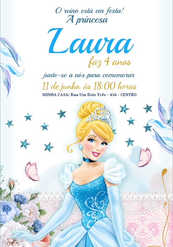 Convite de Aniversário Cinderela para Editar Online Convite de Aniversário Cinderela para Editar Online