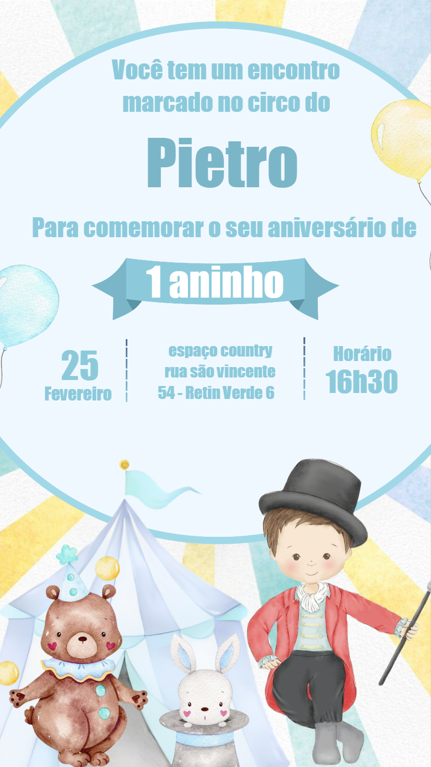 Convite de Aniversário Circo com Animais para Editar Online