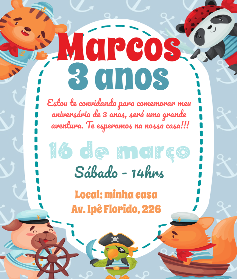 Convite de Aniversário Safari Pirata com Animais para Editar Convite de Aniversário Safari Pirata com Animais para Editar