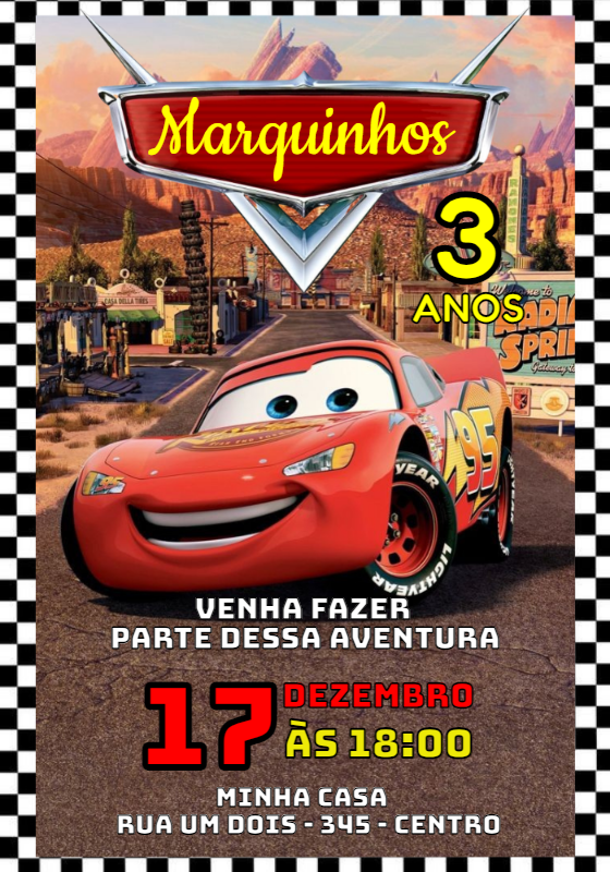 Convite de Aniversário Carros Relâmpago McQueen para Editar Convite de Aniversário Carros Relâmpago McQueen para Editar