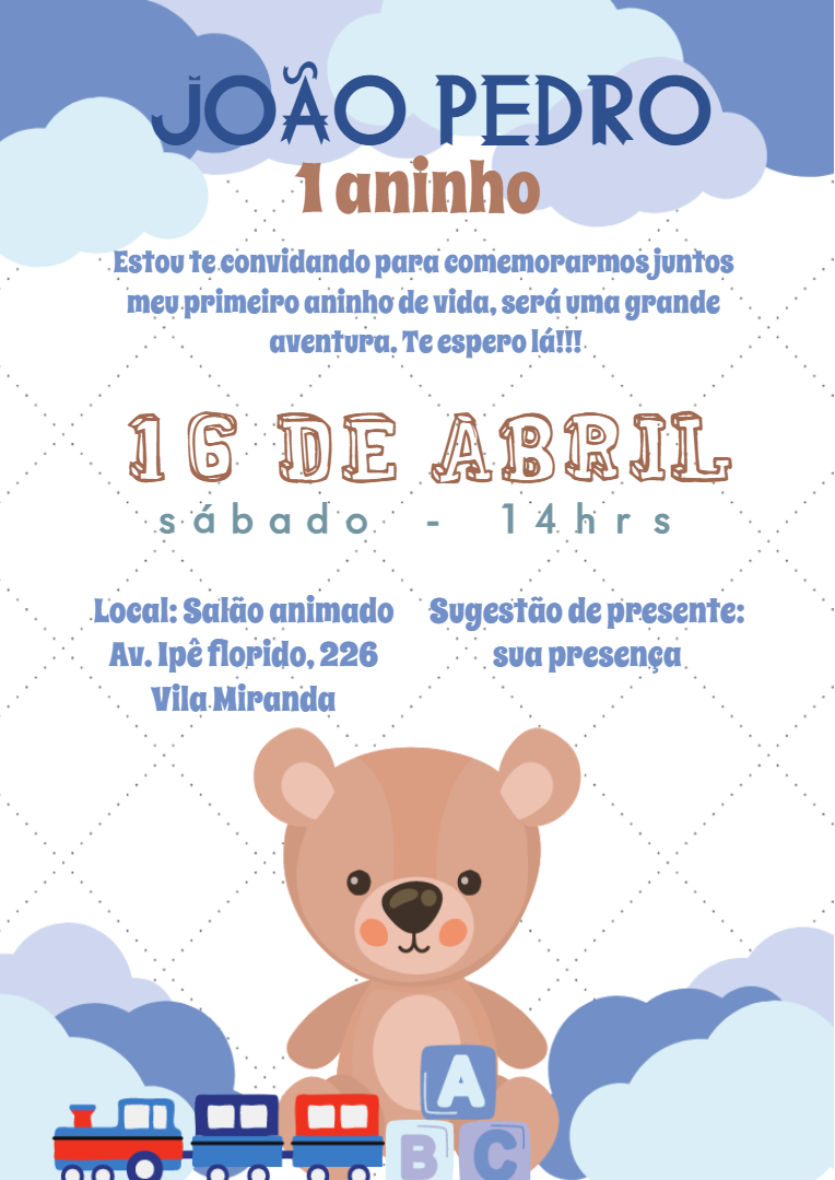 Convite de Aniversário Ursinho Fofo para Editar Online Convite de Aniversário Ursinho Fofo para Editar Online