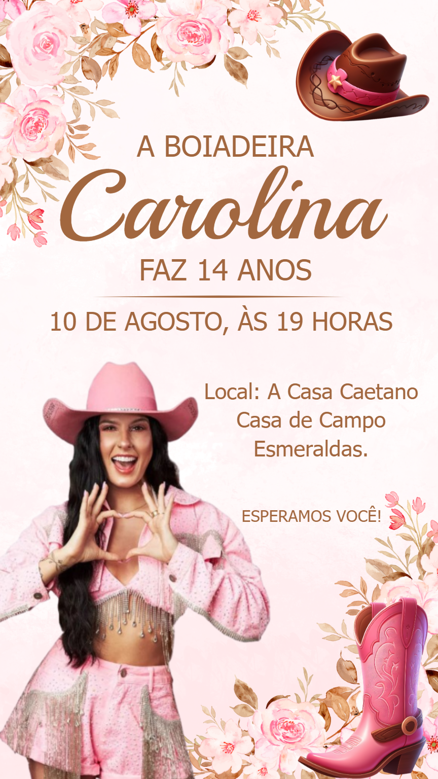 Convite Aniversário Boiadeira Rosa Estilo Country para Editar Convite Aniversário Boiadeira Rosa Estilo Country para Editar