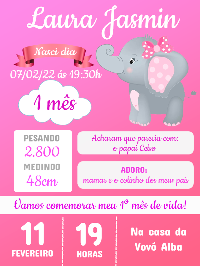 Convite de Mêsversário Elefantinha Rosa para Editar Online Convite de Mêsversário Elefantinha Rosa para Editar Online