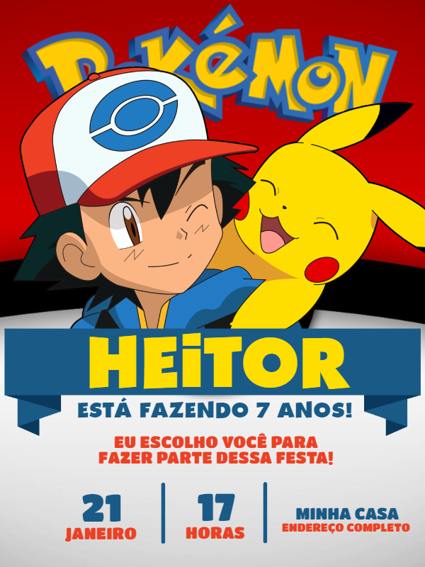 Convite de Aniversário Pokémon com Ash e Pikachu para Editar Convite de Aniversário Pokémon com Ash e Pikachu para Editar